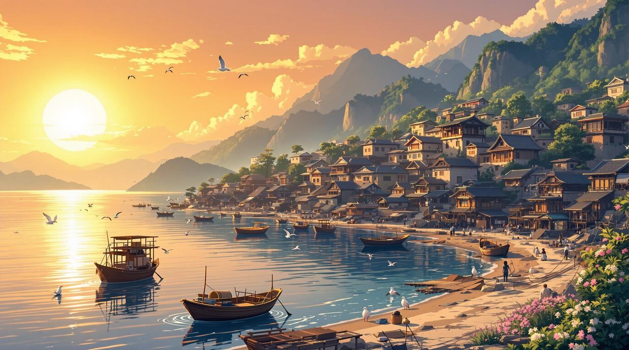 小短剧网剧大全 - 海边渔村温暖黄昏全景，金色夕阳下的渔港，停泊的小渔船，传统石屋与远山